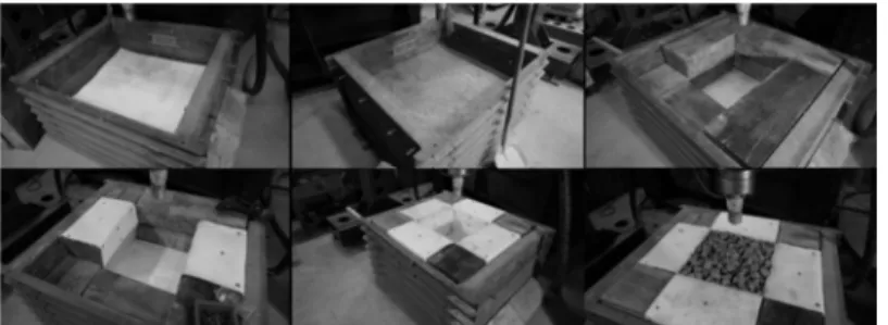 Fig. 2. Assembly procedure of testing box with layer structure, wooden sleepers, geotextile  layers, as well as crushed stone ballast sample, but without steel loading plates 