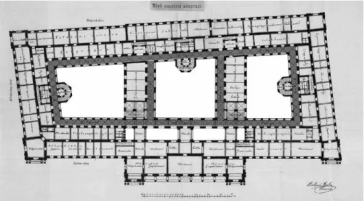 1. ábra. A Földművelésügyi Minisztérium épületének megvalósult I. emeleti alaprajza a belső udvarok  (fehér) és a folyosók (sötétszürke) jelölésével