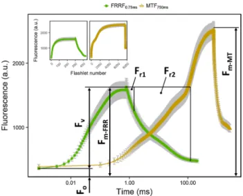 Fig. 1    Chlorophyll fluorescence transients of spinach leaves induced  by fast repetition rate flash  (FRRF 0.75ms ) and multiple turnover  flash   (MTF 750ms ) are presented on a logarithmic time scale