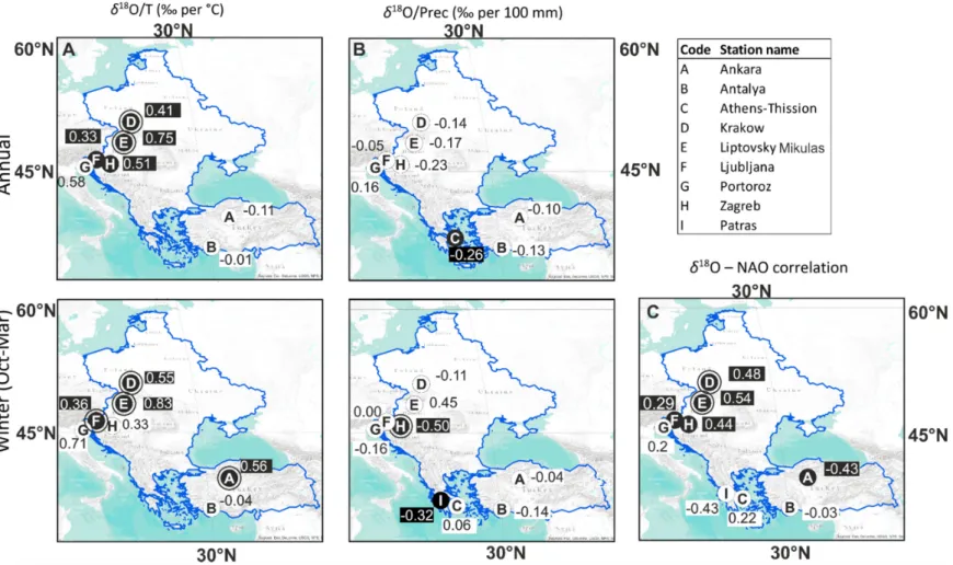 Figure 5. Map of Eastern part of Europe and Turkey, with the modern day δ 18 O/T (‰ per °C) (A) and δ 18 O/precipitation slopes (‰ per 100 mm) (B) in precipitation,  and the δ 18 O–NAO Spearman correlations (C) for the whole year (upper row) and winter hal