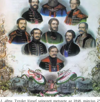 1. ábra. Tyroler József színezett metszete az 1848. március 23-án megalakult Batthyány-kormányról