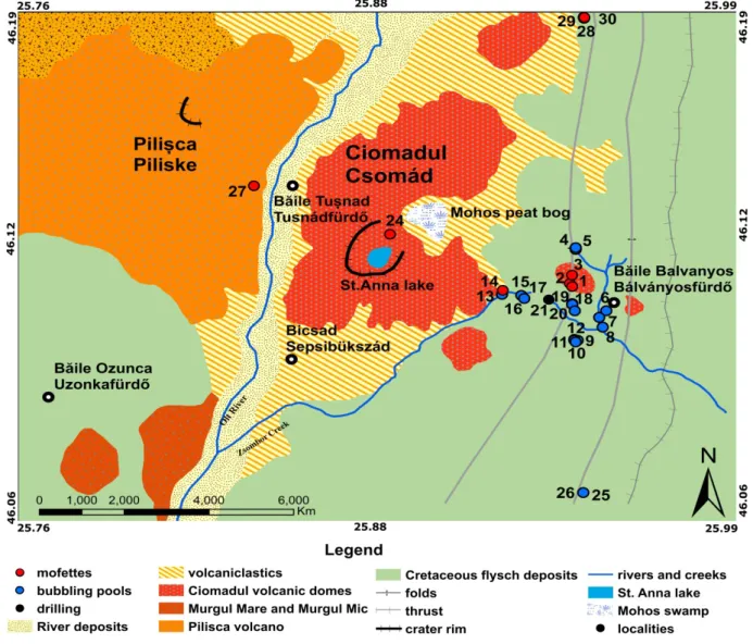 Figure 2: Geological sketch map of the study area. The red, black and blue dots indicate the type of the sampling 206 