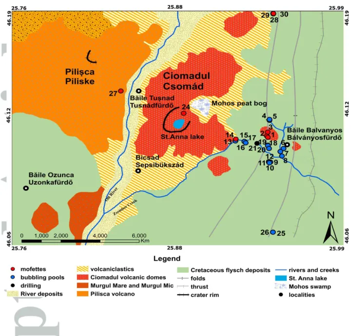 Figure  2:  Geological  sketch  map  of  the  study  area.  The  red,  black  and  blue  dots  indicate  the  type  of  the  sampling  points:  mofette,  drilling  and  bubbling  pool  respectively