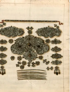 35. kép. Ékszerrajz. Gyémántos ékszerek  és gyöngysor, 17. század második fele. 