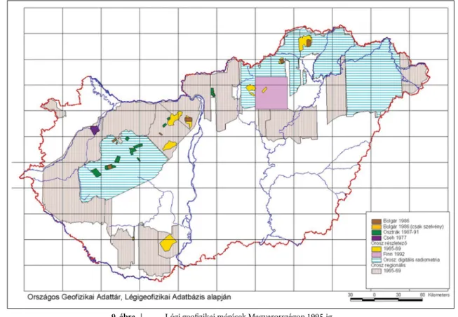 9. ábra Légi geofi zikai mérések Magyarországon 1995-ig Figure 9 Airborne geophysical measurements in Hungary until 1995