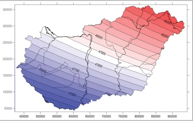 6. ábra Az 1995 évre meghatározott mágneses normáltér (T 1995 ) Magyar országon (Kovács, Körmendi 1999) Figure 6 Normal magnetic reference fi eld for 1995 in Hungary (Kovács, Körmendi 1999)