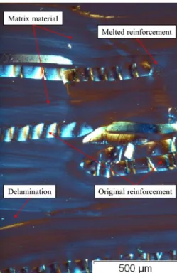 Figure 9. Polarized light microscopic image of the cross-section of a seam welded without an  energy director 