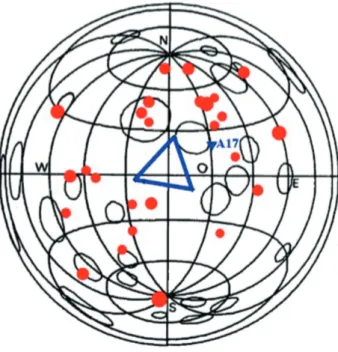 6. ábra. A sekélyfészkű holdrengések epicentrum térképe a  nagyobb holdkráterekkel. A nagy kék háromszög az 