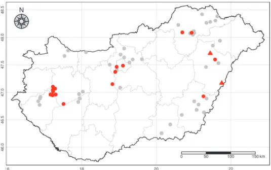 Fig. 1. Negative sampling sites (grey dots), sites of Aelurostrongylus abstrusus (red dots) and cats  dually infected with Ae