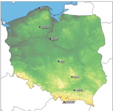 Fig. 1. Locations of the stations in Poland. 