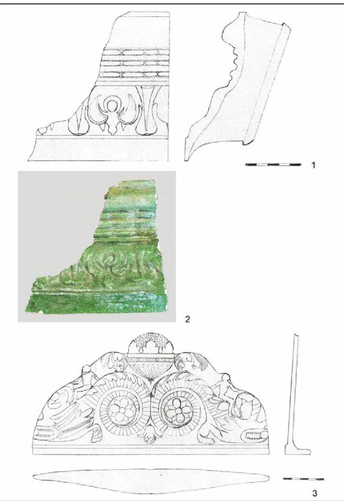 10. kép. Kályha kétfejű sassal és I. Lipót császár portréjával. 1: Középpárkány rajza és oldalnézete; 2: Középpárkány töredéke; 