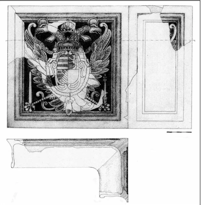 Fig. 1. Ceramic stove with double-headed eagle and coat-of-arms with divided field. Drawing and bottom view of a corner  tile with a square tile and half-tile (drawing: Péter Boldizsár)