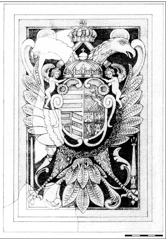 2. kép. Kályha kétfejű sassal és osztott címerrel. Téglalap alakú csempe rajza a kályháról (rajz: Boldizsár Péter) Fig