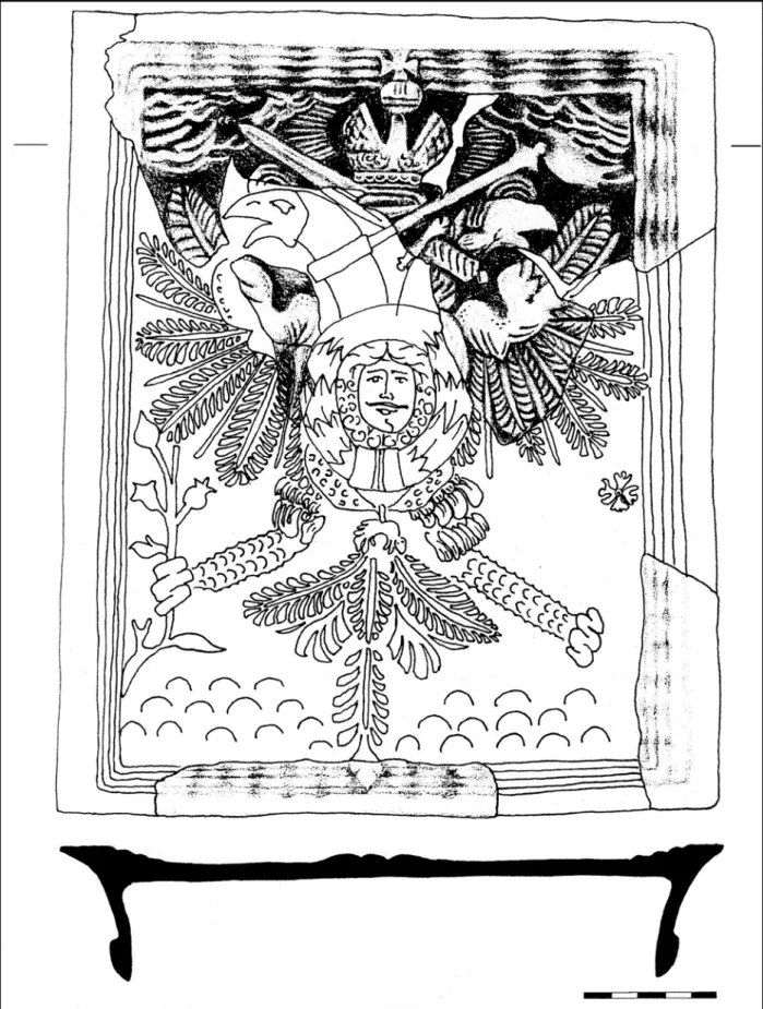 6. kép. Kályha kétfejű sassal és I. Lipót császár portréjával. Négyzetes csempe rajza és metszete (rajz: Rosta Péter) Fig
