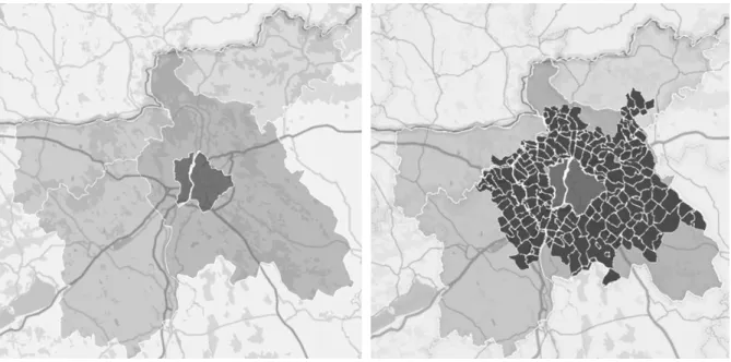 1. ábra: A Budapest körüli megyék (balra) és a budapesti városrégió (jobbra)  Figure 1 The counties around Budapest (on the left) and the agglomeration (on the right) 