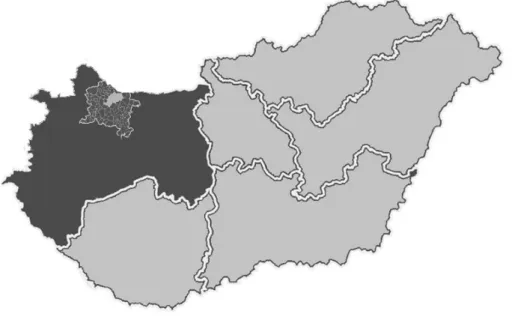 2. ábra: Magyarország, Nyugat-Dunántúl és Közép-Dunántúl régiók, valamint a győri ipari  körzet (GYIK) 
