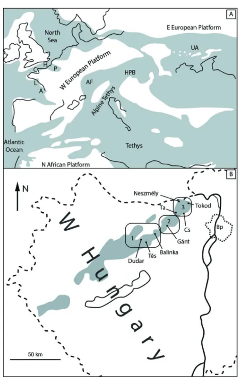 Fig. 1A. Middle Eocene palaeogeography of Europe with the location of the Hungarian Paleogene  Basin (HPB) system