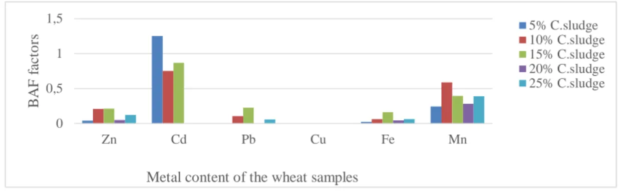 Fig. 11. Bioaccumulation factor (BAF) of some studied elements in wheat samples  In the case of bioconcentration factor, the values were below 1
