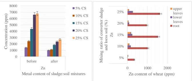 Fig. 8. Zn content of the soil-sludge mixtures and the main parts of the wheat samples 