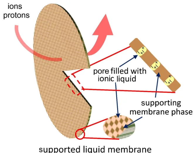Fig. 4 – Scheme of the structure of supported ionic liquid membranes (SILM). 