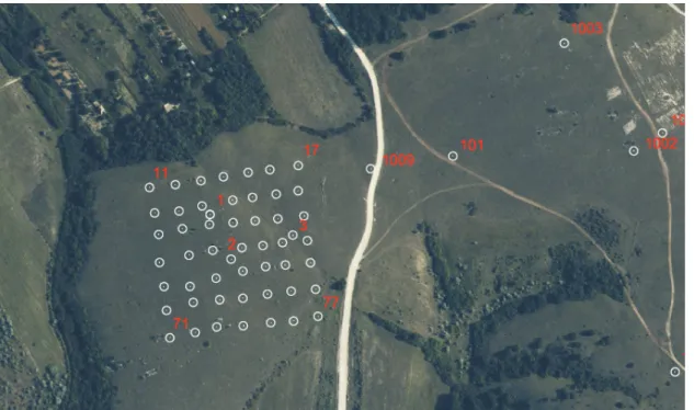 Fig. 3 shows this 200 m × 200 m sized test field on a hilly terrain. The 7 × 7  array of GCPs is roughly oriented to North