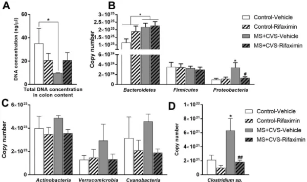 Fig. 7. E ﬀ ects of stress and rifaximin on colon mucosa. Representative images of hematoxylin-eosin stained colon sections (A) (scale bar: 20 µm) and bar graphs showing mean values ± SEM of mucosa thickness (B), mRNA levels of diﬀerent permeability marker