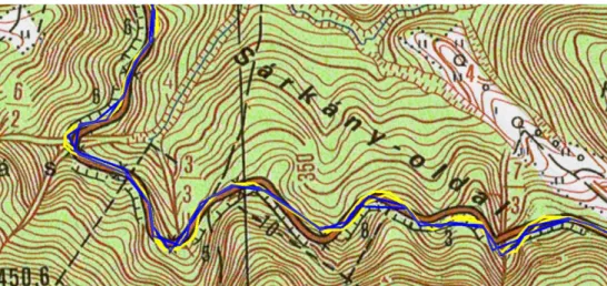 7. ábra: A Foretrex 701 (kék) és a GPSMAP 64st (sárga) által rögzített nyomvonalak eltérései fedett és  tagolt terepviszonyok mellett 