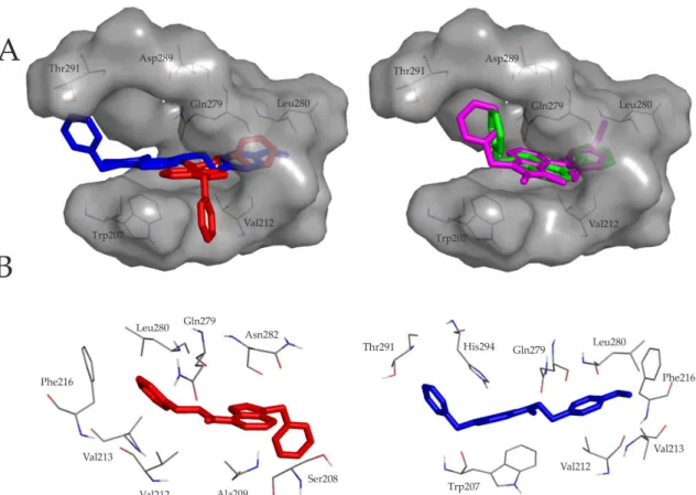Figure 2. (A) Ligand pairs having ethylene (red: C1, blue: C2) or methylene (green: C3, magenta: C4)  intramolecular linker (Figure 1) share a common binding pocket