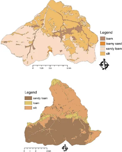 Fig. 2. The maps of types of soil of the Boca (top) and Ipoltica (bottom) river basins 