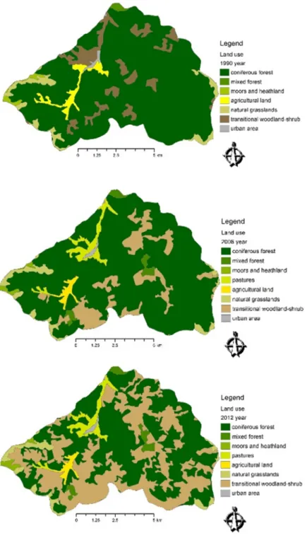 Fig. 3. Land use maps of the Boca River basin for (from top) 1990, 2006 and 2012 