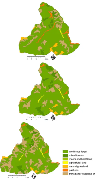 Fig. 4. Land use maps of the Ipoltica River basin for (from top) 1990, 2006 and 2012 