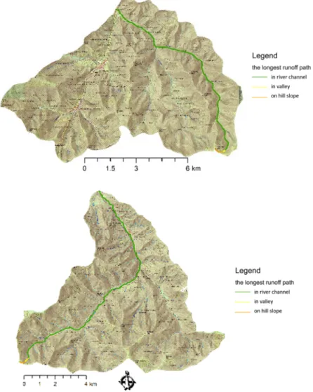 Fig. 5. The longest runoff paths for the Boca (top) and Ipoltica (bottom) river basins 