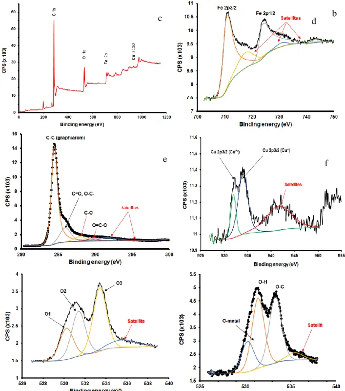 Figure 3. XPS survey spectra, Fe2p, C1s and O1s XPS spectra of the Fe/GO nanocomposite (f,g,h) and Cu- Cu-Fe/GO nanocomposites (a,b,c,d,e) 