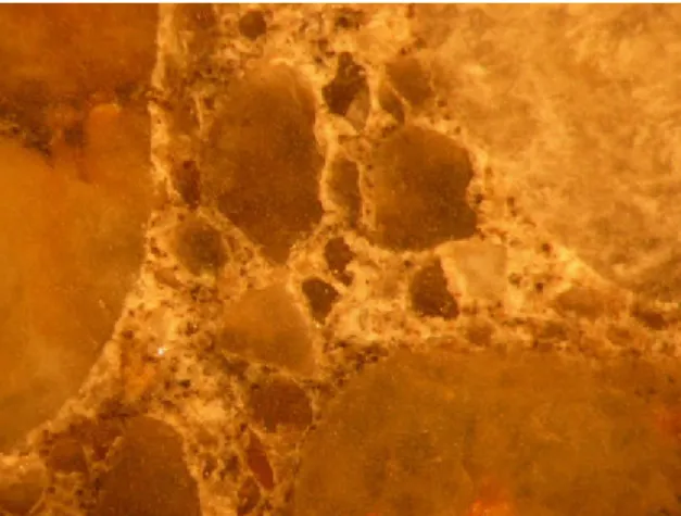 1. ábra: Kvarckavics adalékanyagú beton (20 °C mikroszkópos felvétel)  