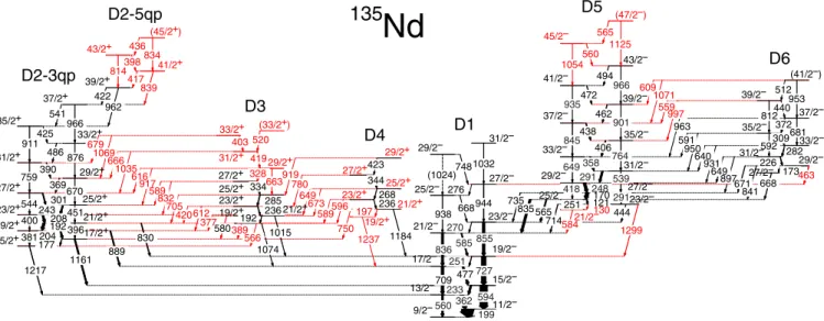FIG. 1. Partial level scheme of 135 Nd showing the newly identified doublet bands.