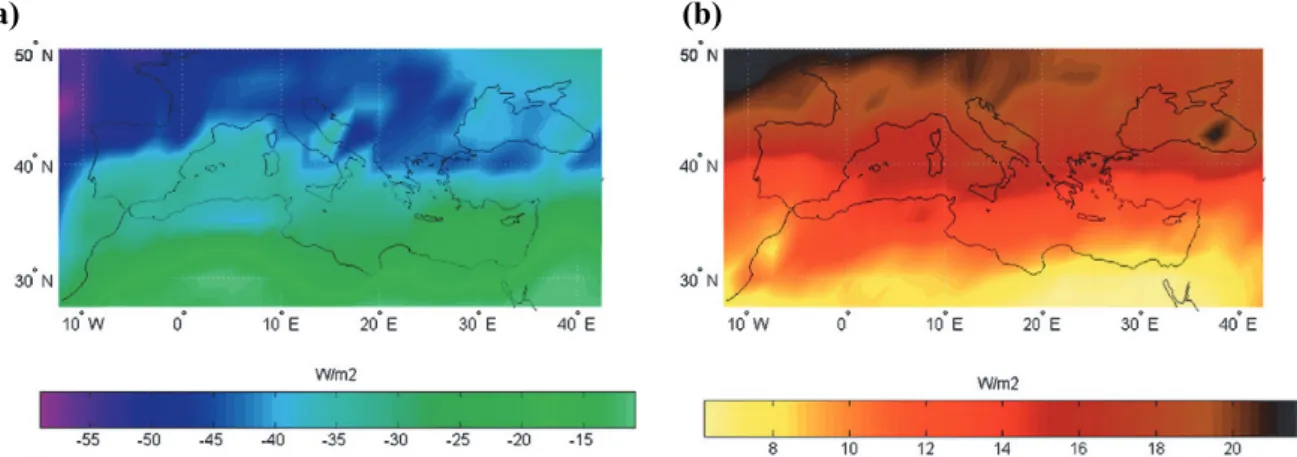 Fig. 2. 24-year (1984–2007) model computed cloud radiative effects on the Mediterranian  region for shortwave TOA (a) and longwave TOA (b) radiation