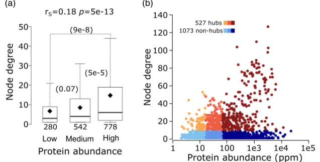 Fig. 5. Relating protein abundance to the number of interaction partners (node degree) in the yeast interactome.