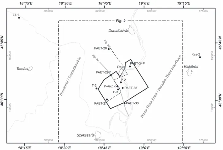 Figure 1.Location map showing the discussed new stratigrapic and old hydrocarbon exploring/stratigraphic wells and the Paks 3D seismic cube (with geographical coordinates and EOV coordinate system)