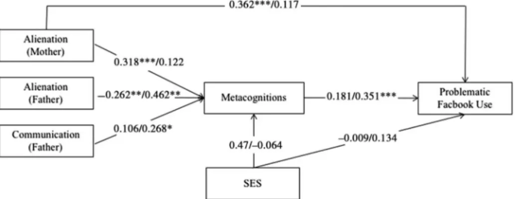 Figure A2. Multigroup analysis of the ﬁ nal model of problematic Facebook use (Study 1), showing the interrelationships between the variables in age groups (middle vs