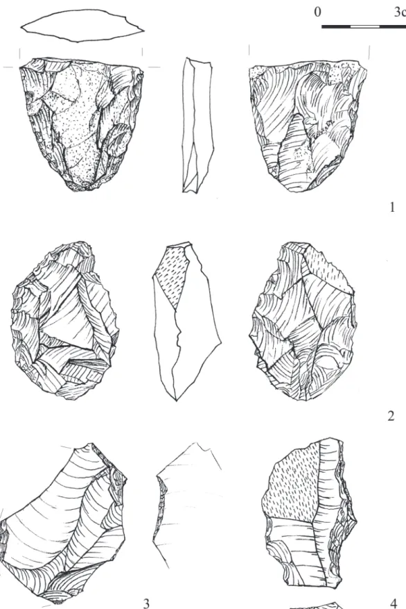 Fig. 7. Remete Upper cave: leaf shaped implement, half made tool and retouched pieces from unknown parts of the cave   (drawing by K