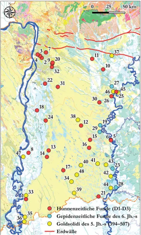 Abb. 3. Hunnen- und gepidenzeitliche Fundorte des Donau-Theiß Zwischenstromgebietes in Ungarn, südlich  der Erdwälle