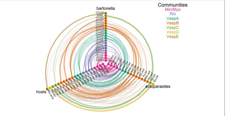 FIGURE 4 | Communities of Bartonella operational taxonomic units (OTUs), ectoparasite species, and bat species