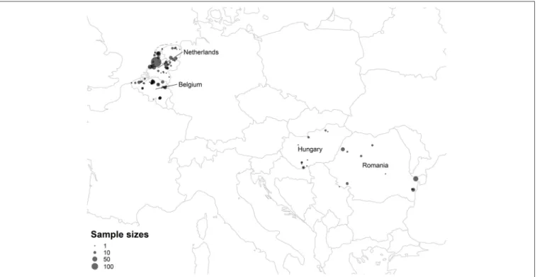FIGURE 2 | Map of ectoparasite sampling sites. Points summarize the total number of ectoparasite samples from the Netherlands, Belgium, Hungary, and Romania collected from each sampling site