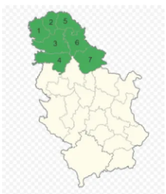 Fig. 1. Location of Vojvodina (green) within Serbia with each of the seven districts demarcated by  a border