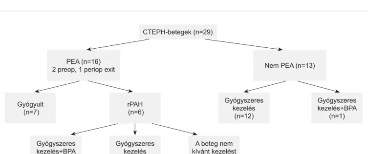 1. ÁBRA. CTEPH-betegek kimenetele. rPH: reziduális pulmonalis hipertónia, „gyógyult”: normalizálódott jobb kamrai paraméte- paraméte-rek és tricuspidalis regurgitációs sebesség