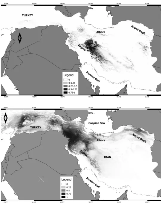 Fig. 4. Potential current of occurrence for S. aristata in Group A (top) and Group B (bottom)  generated by Maxent