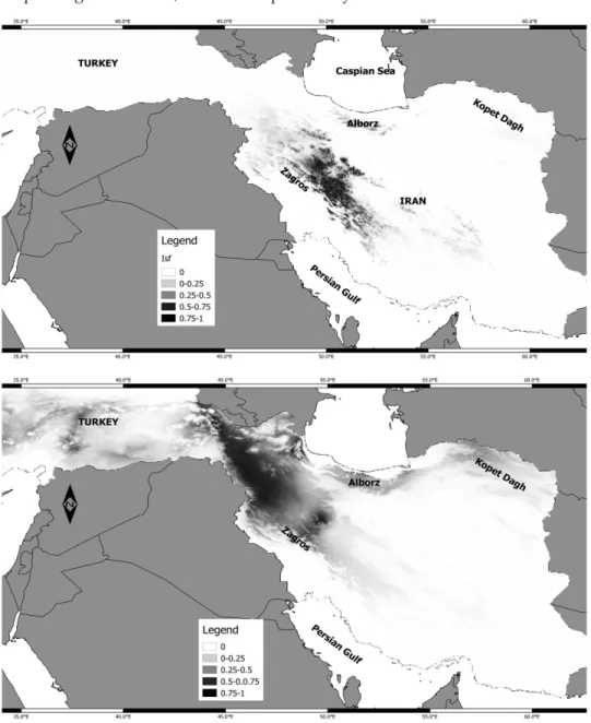 Fig. 5. Past distribution (last glacial maximum ~22 kya) of occurrence for S. aristata in Group  A (top) and Group B (bottom) generated by Maxent