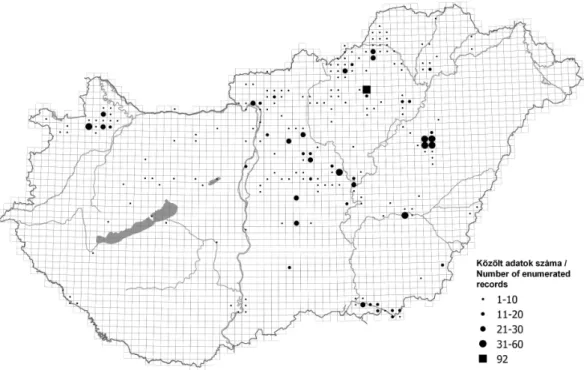 1. ábra A közleményben összefoglalt előfordulási adatok a közép-európai flóratérképezés (KEF)  hálórendszerének kvadrátjaira vetítve