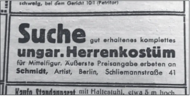 Figure 1. Artist looking for a Hungarian costume in an  advertisement. Artisten-Welt, Berlin, 1941 (March 9)