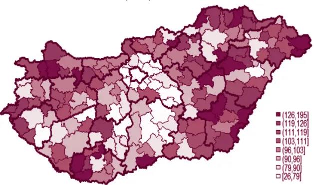 Figure 1. Public works ratio by districts, as a percentage of the national average,   broken down by public works types, 2014 